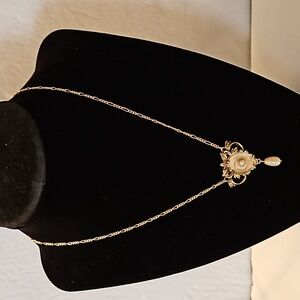 Filagree Goldtone Pendant w/ Faux Pearl & Enamel on 16"L Goldtone Necklace